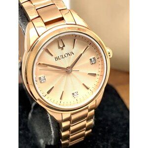 Bulova Women's Watch 97P151 Quartz Diamond Accent Rose Gold Stainless Steel 28mm